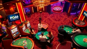 Experience exciting gameplay at https://pg66.com.de/ with vibrant slot machines and poker tables in a luxurious casino setting.