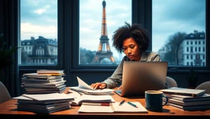Traducteur assermenté professionnel à Paris travaillant dans un bureau moderne avec vue emblématique sur Paris.