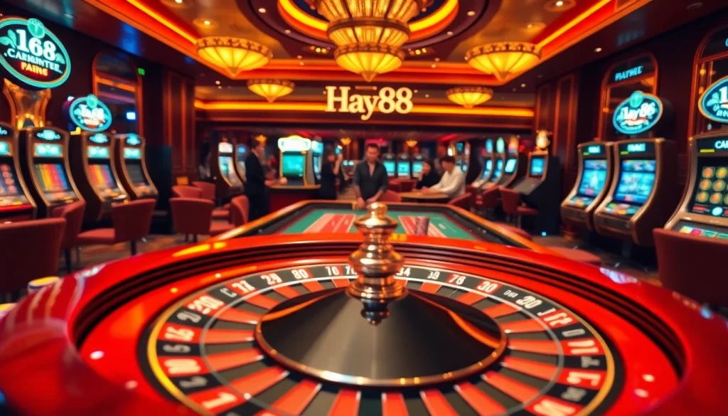 Exciting gambling scene at Hay88 casino featuring roulette, poker, and vibrant players.