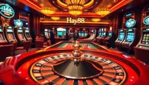 Exciting gambling scene at Hay88 casino featuring roulette, poker, and vibrant players.