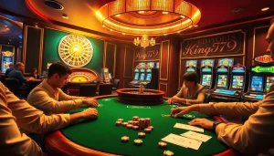 Experience the excitement of king79 with players at a luxurious gaming table, poker chips, and vibrant slot machines.