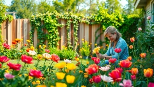 Gardening scene with a gardener tending to vibrant flowers in a lush backyard setting.