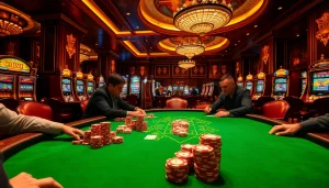Engaged players in a high-stakes poker game showcasing NK 88-themed cash chips and cards under warm casino lighting.