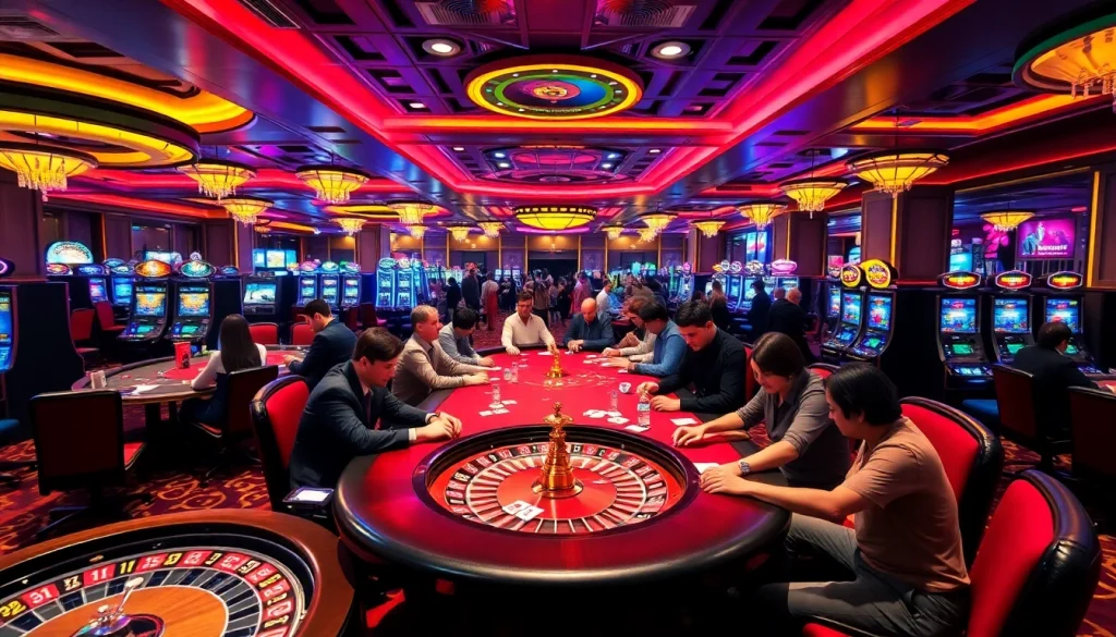 Exciting players engaging in games at GG88, featuring poker tables and slot machines.