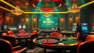 Exciting action at https://32win.football/ showcasing luxury casino gaming with vibrant poker chips and cards.