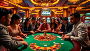 Players at GG88 casino engage in thrilling gambling experiences around a luxurious roulette table.