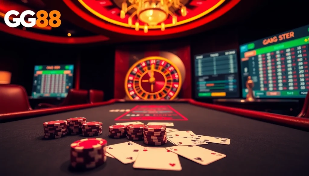Experience the excitement of GG88 with a luxurious casino scene featuring poker chips and roulette.