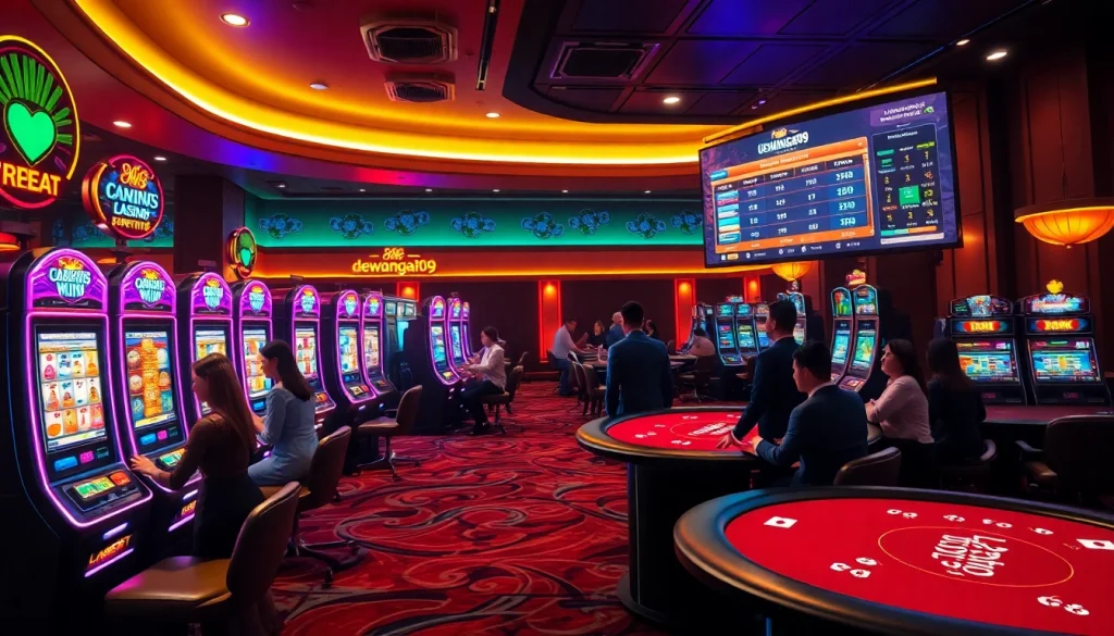 Players enjoying the exciting slot machines at dewanaga89, where jackpots await in a vibrant casino atmosphere.