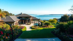 Real Estate property showcasing a modern home with landscaped gardens and serene surroundings.