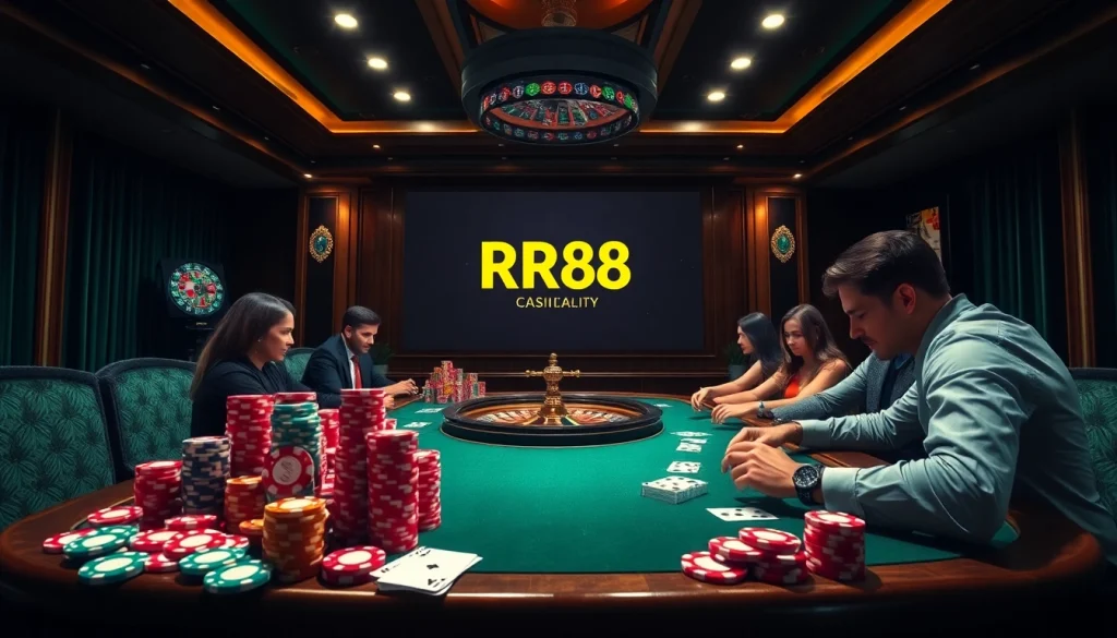 Experience the excitement of RR88 with vibrant poker chips and casino tables in a luxurious setting.