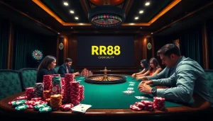 Experience the excitement of RR88 with vibrant poker chips and casino tables in a luxurious setting.