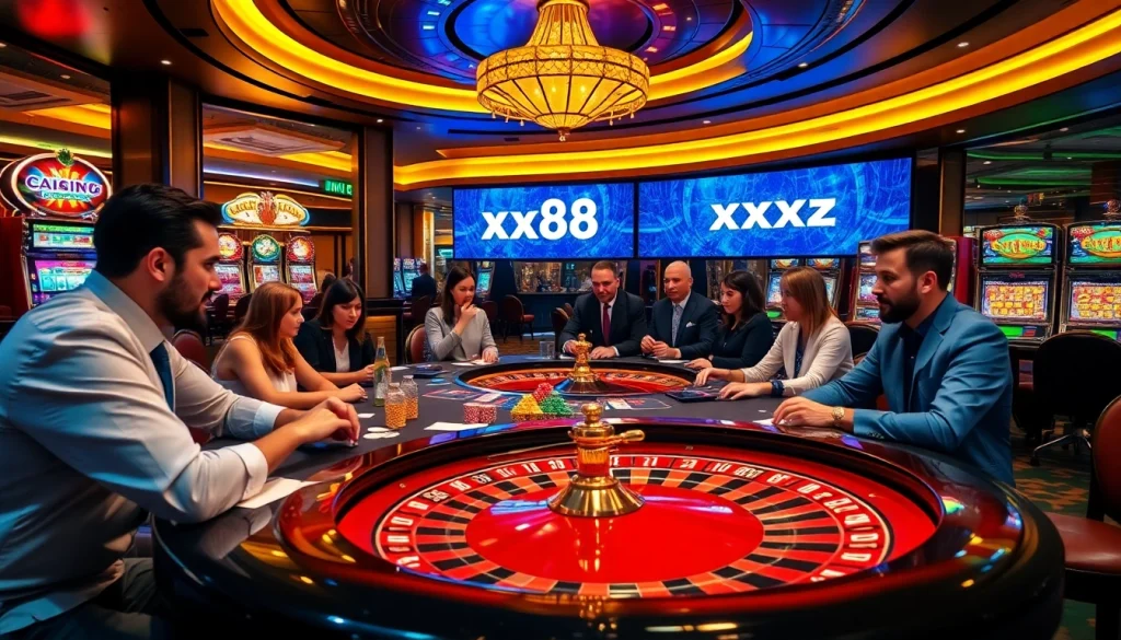 Experience the excitement of gaming at https://xx88.pizza/ with vibrant casino table action featuring poker chips and cards.