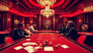 F168 casino players betting at an elegant Baccarat table with poker chips and slips.