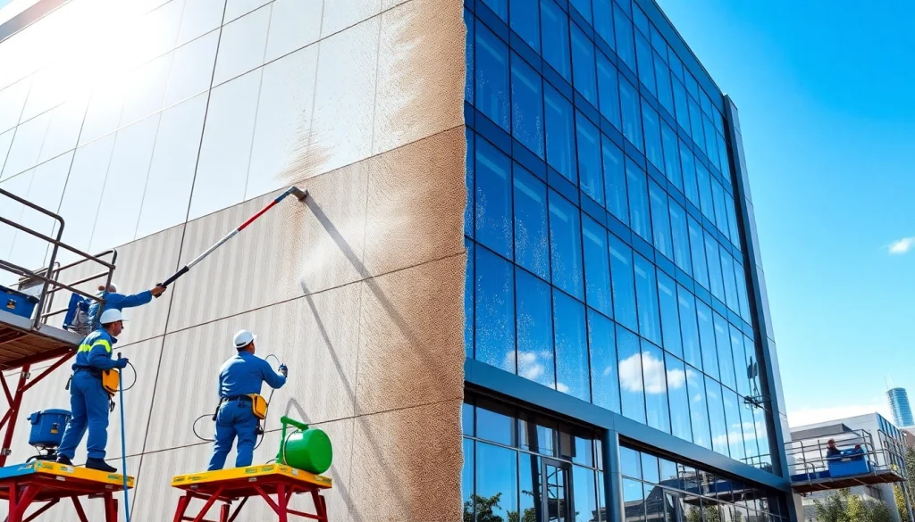 čiščenje fasade with a professional crew using eco-friendly products on a building, showcasing before and after effects.