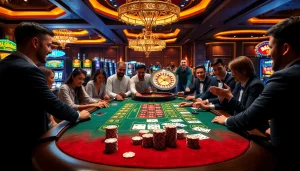 Experience the thrill of high-stakes gambling at 99OK with vibrant casino visuals, poker tables, and roulette.