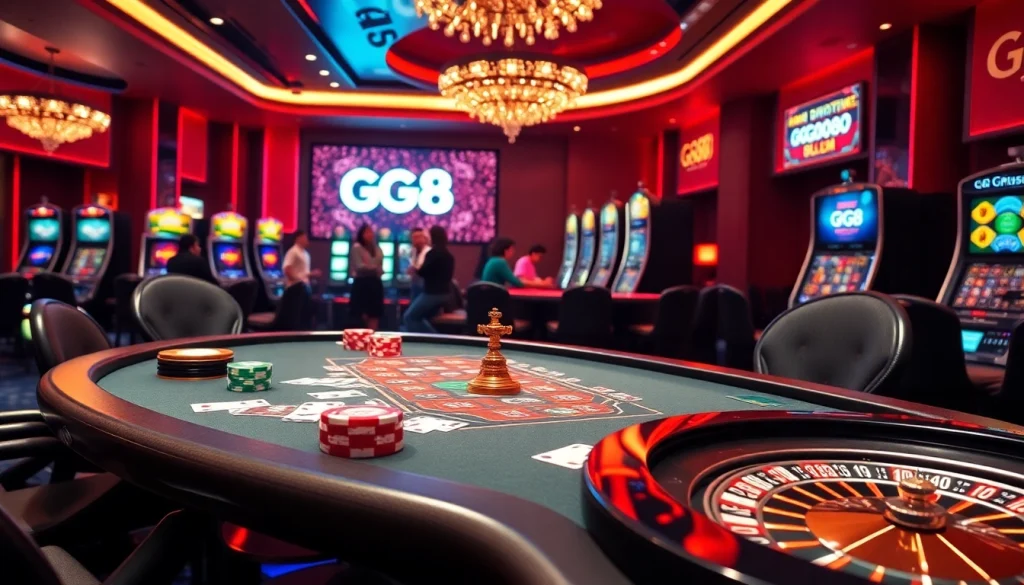 Players engaging with GG88 casino games at a vibrant gaming table filled with poker chips and cards.