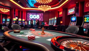 Players engaging with GG88 casino games at a vibrant gaming table filled with poker chips and cards.