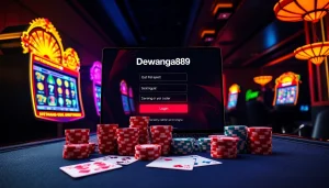 Halaman login Dewanaga89 slot yang menampilkan mesin slot berwarna-warni dan elemen kasino untuk menarik para penjudi.