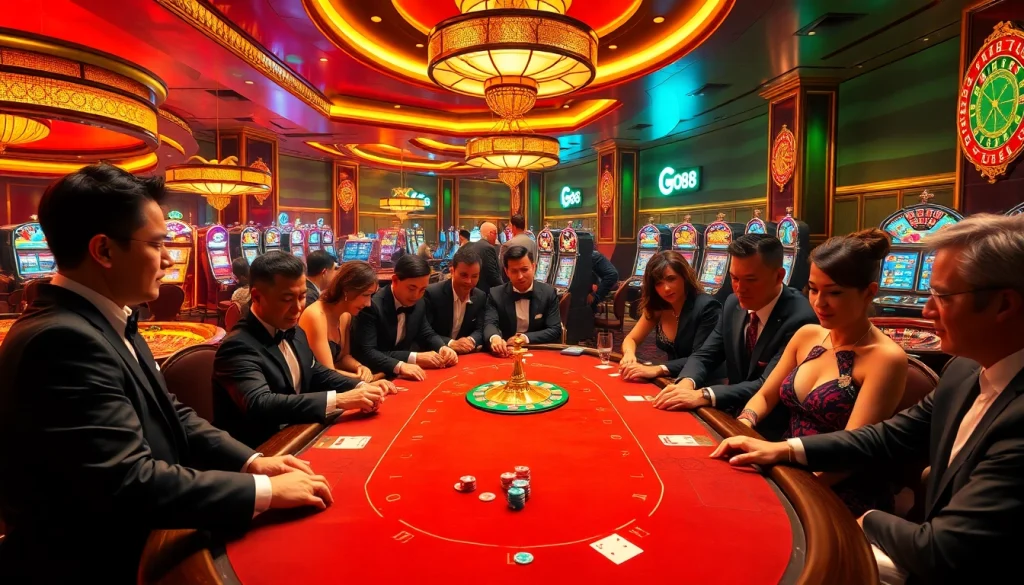 Go8 gamblers engaging in a thrilling poker game at a luxury casino table.