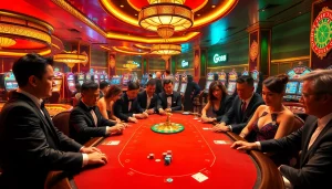 Go8 gamblers engaging in a thrilling poker game at a luxury casino table.