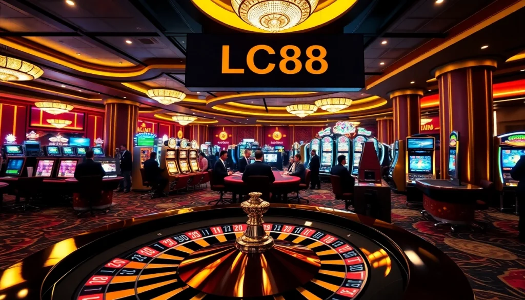 Experience thrilling casino action at LC88 with roulette, poker chips, and vibrant slot machines.