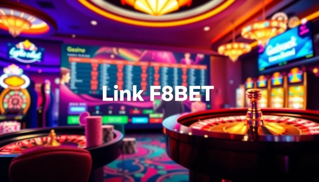 Experience the thrilling atmosphere of Link F8BET with vibrant online casino visuals showcasing roulette wheels and poker chips.