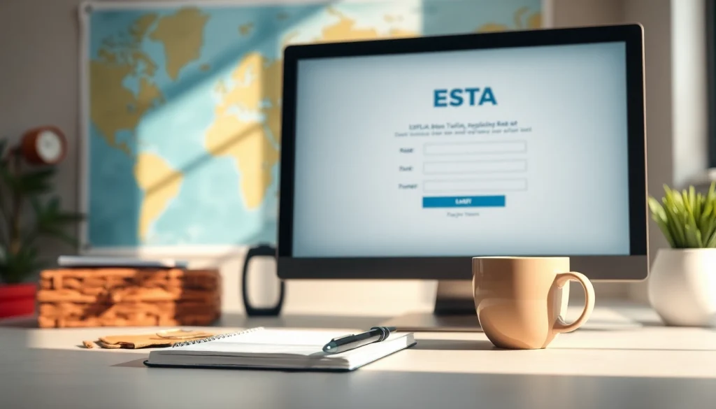 Fill out your ESTA application on a sleek computer setup with travel-themed decorations.