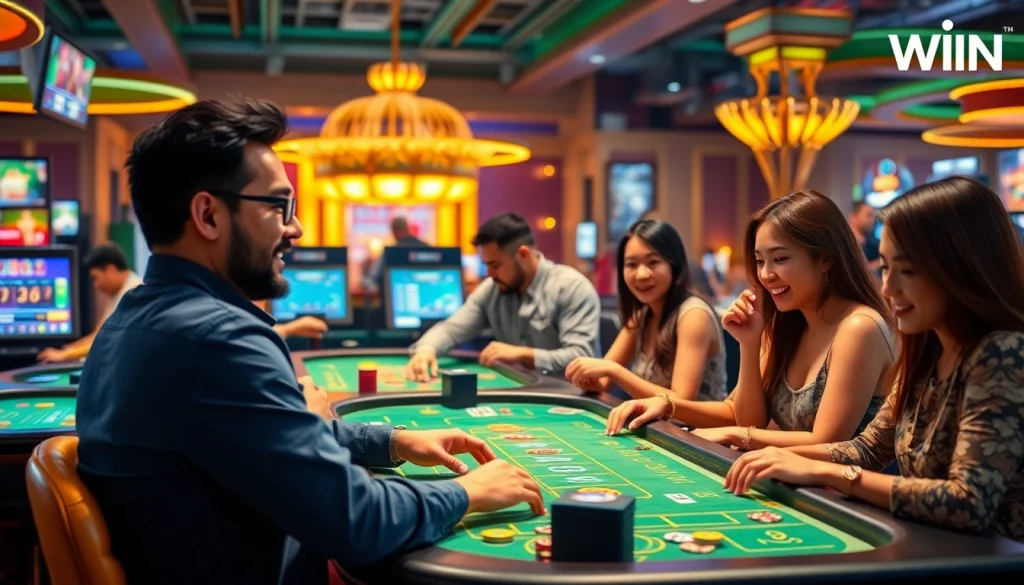 Experience the excitement of online gambling at 84WIN with diverse players enjoying games in a vibrant casino atmosphere.