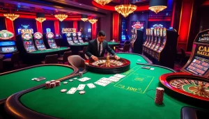 Experience thrilling gameplay at S8 casino with vibrant poker tables and roulette wheels.