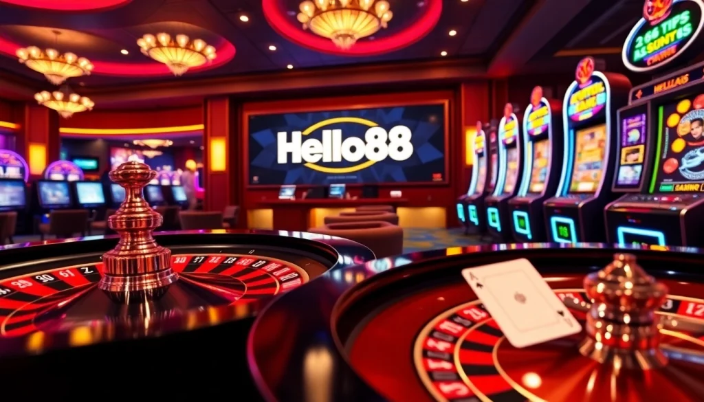 Hello88 betting action unfolds at a luxurious casino table with roulette wheel and bright slot machines.