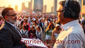 تغطية الأخبار في موقع Emiratenewsday.com مع مراسل في الشارع يعكس مشاعر الحماس والحيوية.