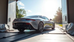 Securely transporting a luxury car at https://luxuryautocarriers.com with white-glove service in a pristine setting.