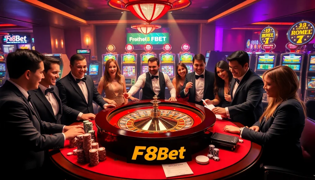 Gamblers enjoying an exciting game at the F8Bet roulette table, radiating luxury and excitement.