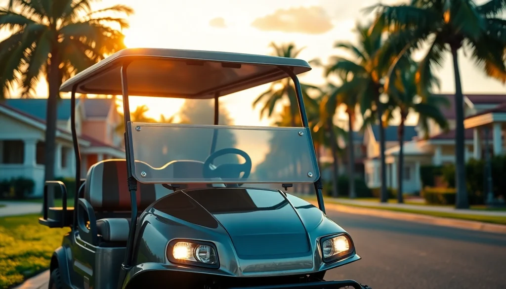 Innovative street legal golf cart highlighted against a serene sunset backdrop.