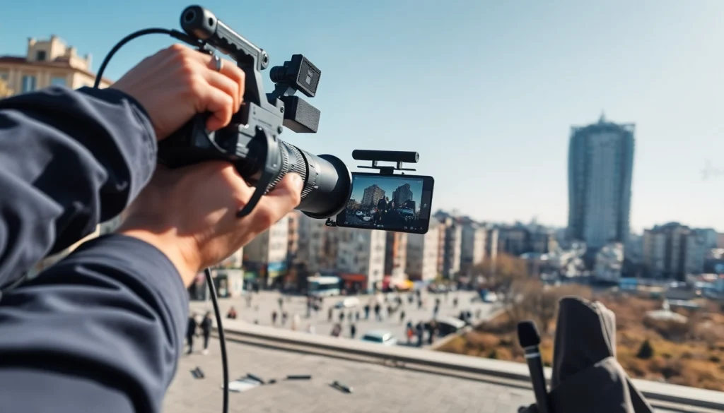 Передаючи термінові новини https://sumytoday.in.ua, журналіст на фоні міських подій.