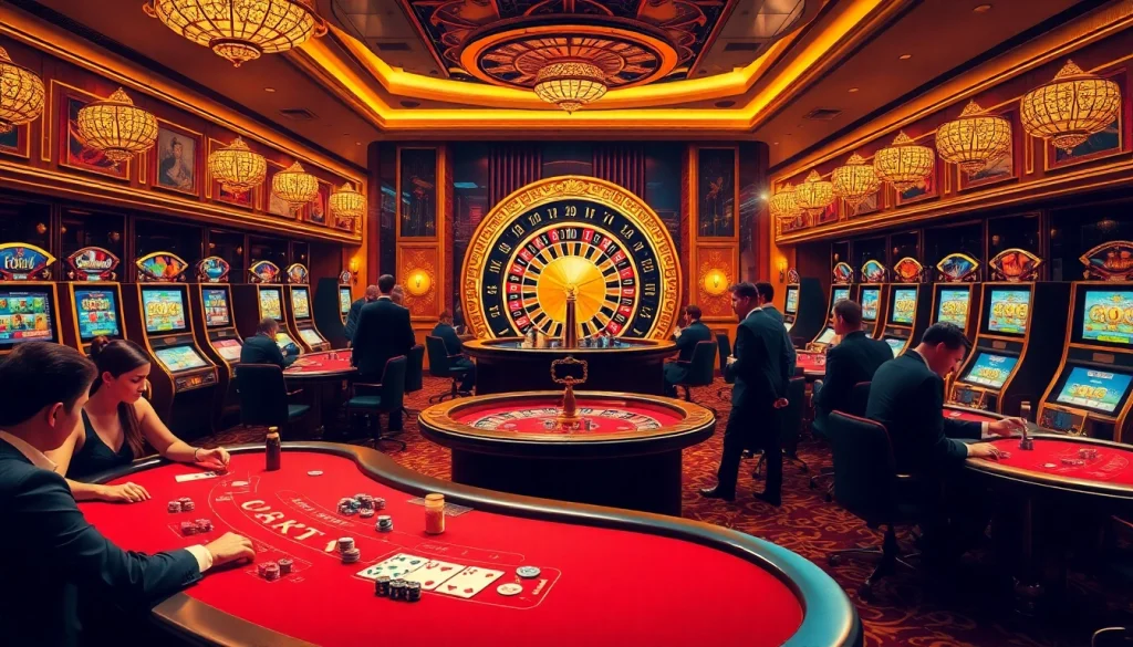 A thrilling scene of poker action at 789win.com with elegant tables, vibrant slot machines, and an exciting roulette wheel.