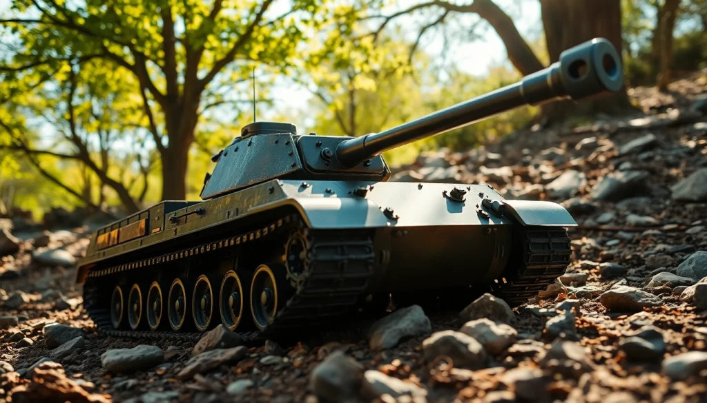 Action-packed rc tank navigating rugged terrain with sunlight filtering through trees.