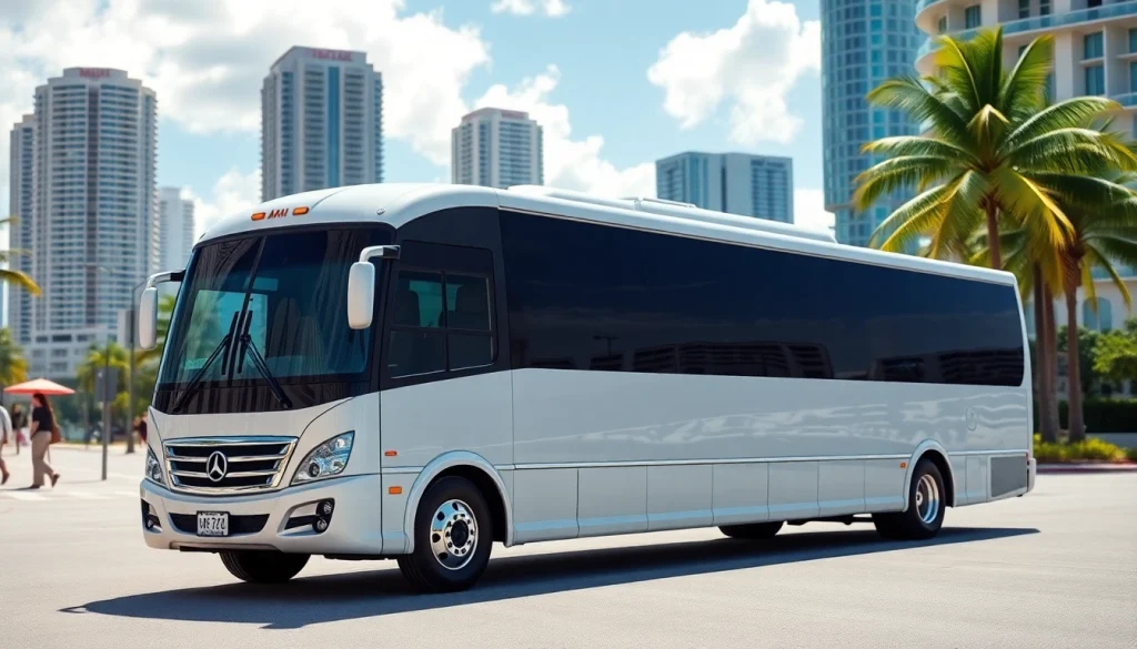 Book a premium Miami charter bus at https://miamicharterbus.com with modern amenities and a vibrant backdrop.