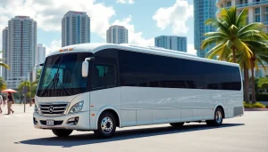 Book a premium Miami charter bus at https://miamicharterbus.com with modern amenities and a vibrant backdrop.