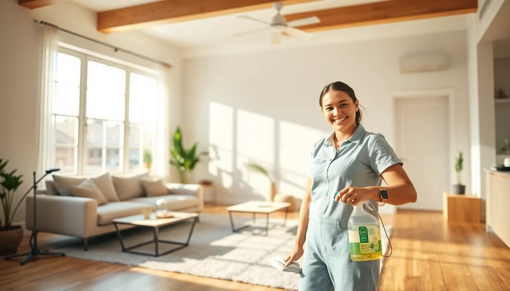 Engaging cleaning service professional transforming a home with sparkling cleanliness.