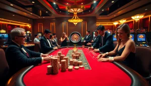 Experience the thrill of gambling at https://3king.cn.com/ with an elegant poker scene featuring players and luxurious decor.