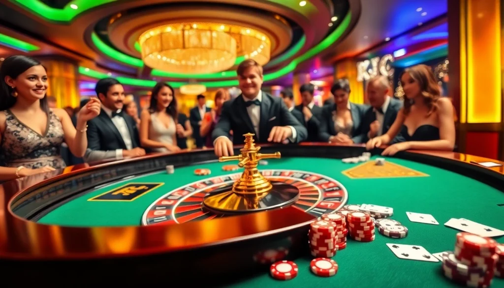 KJC branded roulette table scene with players engaging in exciting bets at a luxury casino.