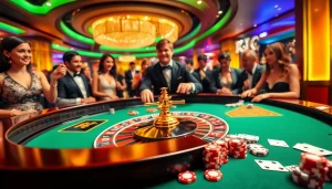 KJC branded roulette table scene with players engaging in exciting bets at a luxury casino.