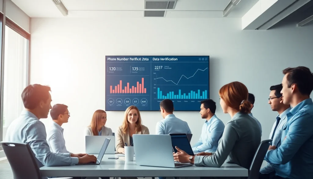 Phone number verification process shown in a modern office with diverse professionals using data analytics for security.