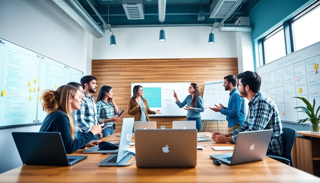App development team collaborating in a vibrant workspace with technology and brainstorming tools.