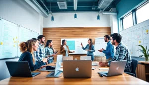 App development team collaborating in a vibrant workspace with technology and brainstorming tools.