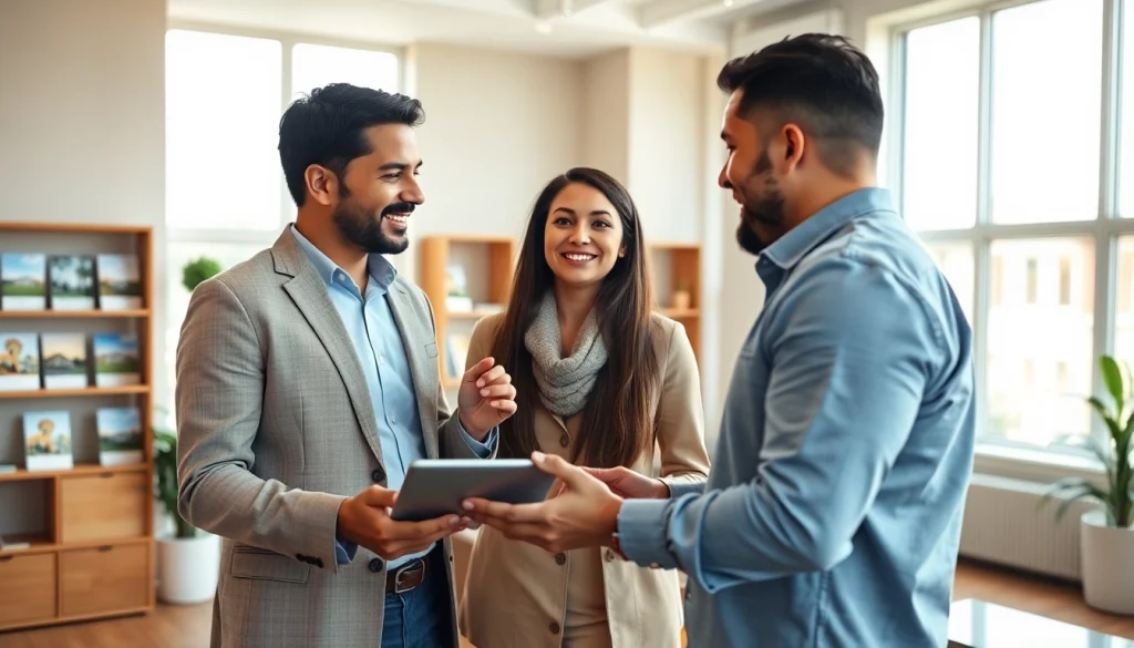Real Estate agent discussing property details with clients in a welcoming office.