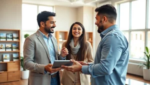 Real Estate agent discussing property details with clients in a welcoming office.