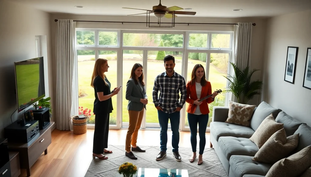 Showcase Real Estate expert guiding a couple in a bright suburban home setting with modern decor.