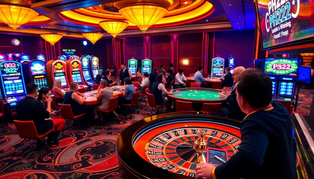 PH222 players celebrating wins at a lively casino with roulette and slot machines.